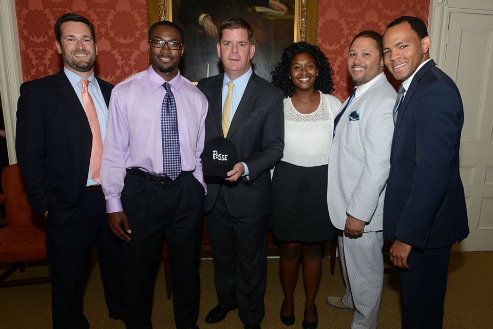 Posse Boston Director Andrew Gallagher, Bucknell alumnus Orville Joseph, Mayor Marty Walsh, Bryn Mawr alumna Gabrielle Farrell, Trinity alumnus Sebastian Ebarb and Denison alumnus Chris Moore.