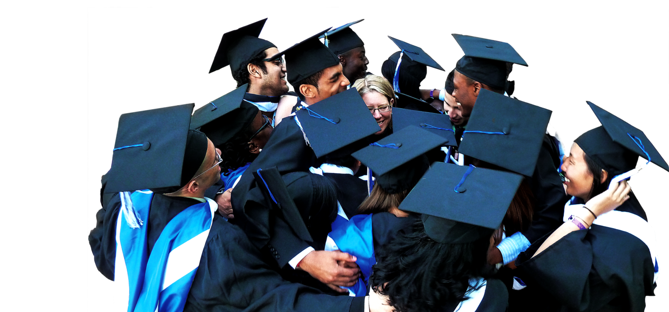 College graduates huddling together with a college administrator