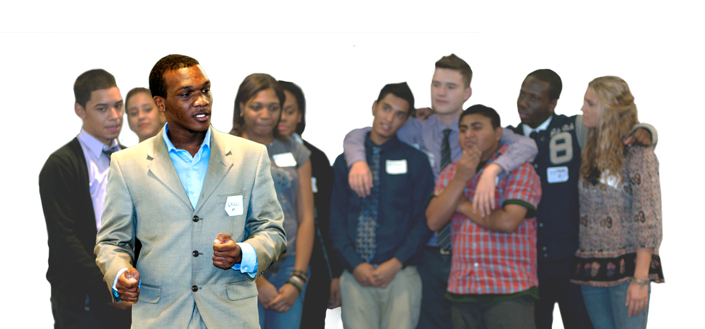 High school student speaking amidst a crowd