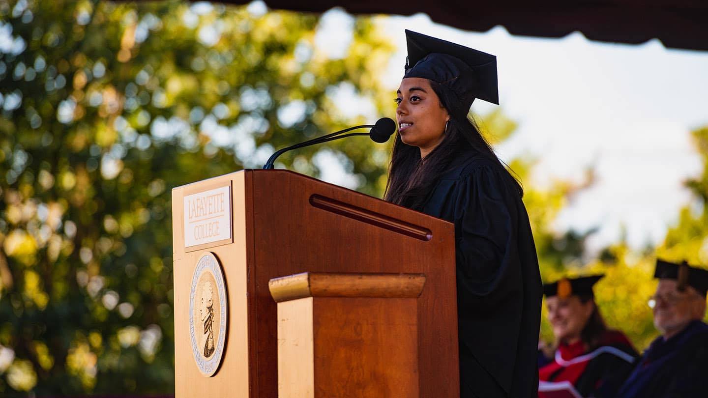 On stage at Lafayette College President Nicole Farmer Hurd’s 2021 inauguration.