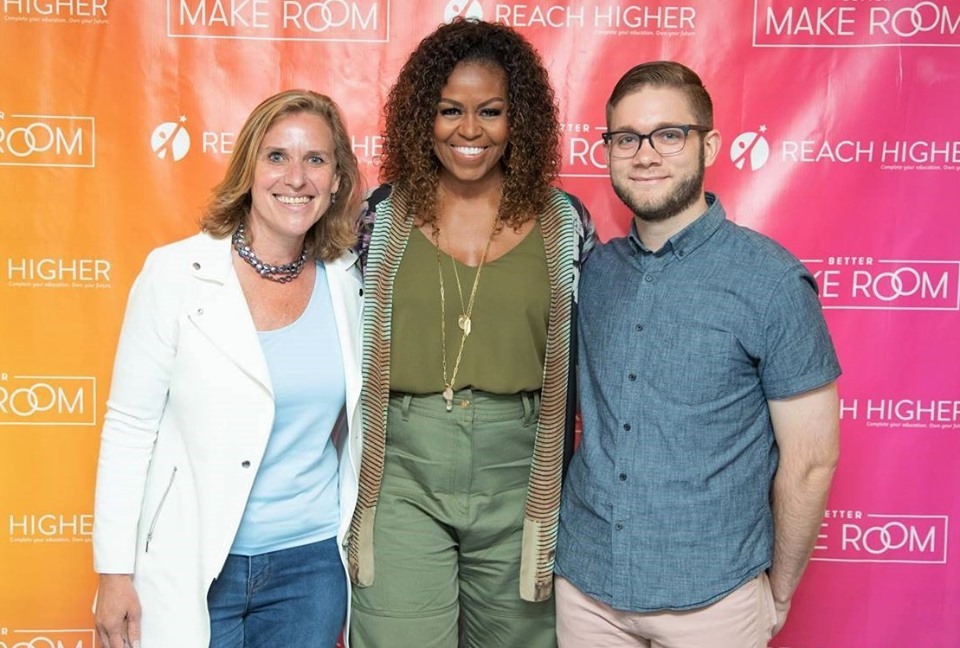 Common Application CEO Jenny Rickard, Michelle Obama and Posse Veterans Scholar Nicholas West at the 2019 Beating the Odds Summit.