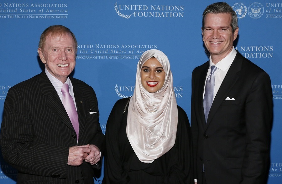 Rana Abdelhamid (center) with UN Commissioner Justice Michael Kirby and UNA-USA Executive Director Chris Whatley at the UN Foundation's 2014 Global Leadership Awards, where she was honored.