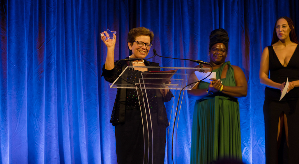 2021 Posse Star Rebecca Blank (center), the UW-Madison chancellor, was presented with her award by UW-Madison Posse alumni Stefanie Henry and Brianna Young.