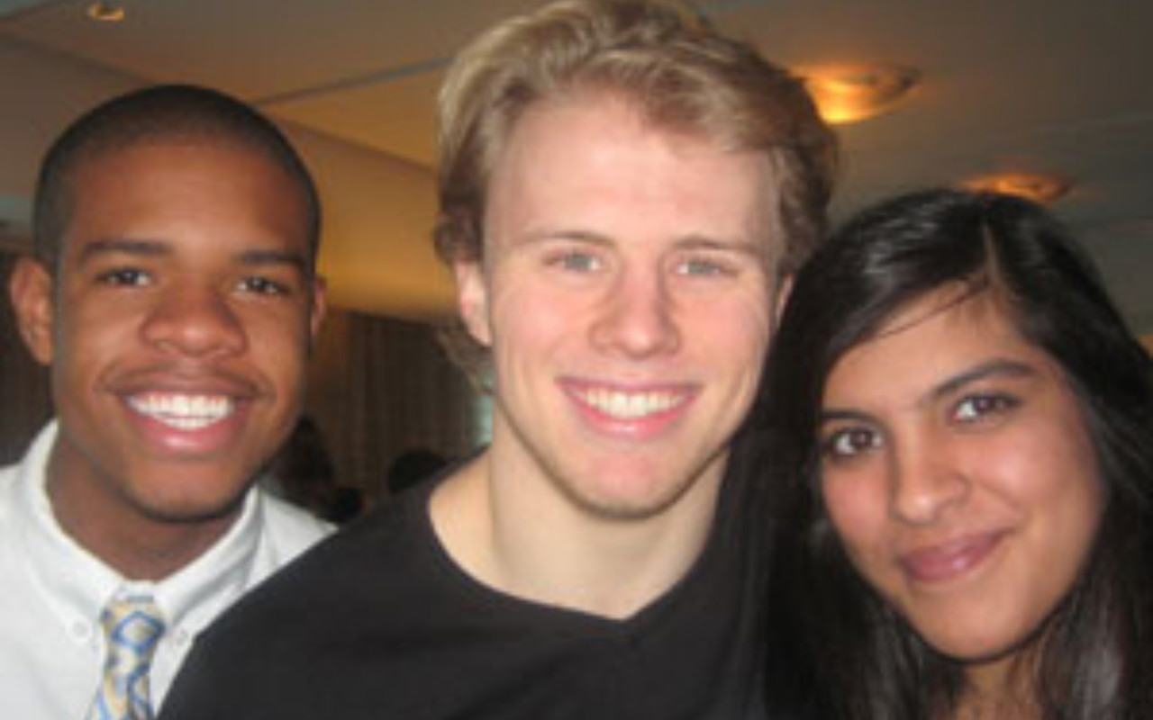 From left: Joshua Mosby (BU Posse 6), Jim Russell (BU Posse 4) and Jenna Bhaloo (BU Posse 4) connect at the Winter Career Conference in January.