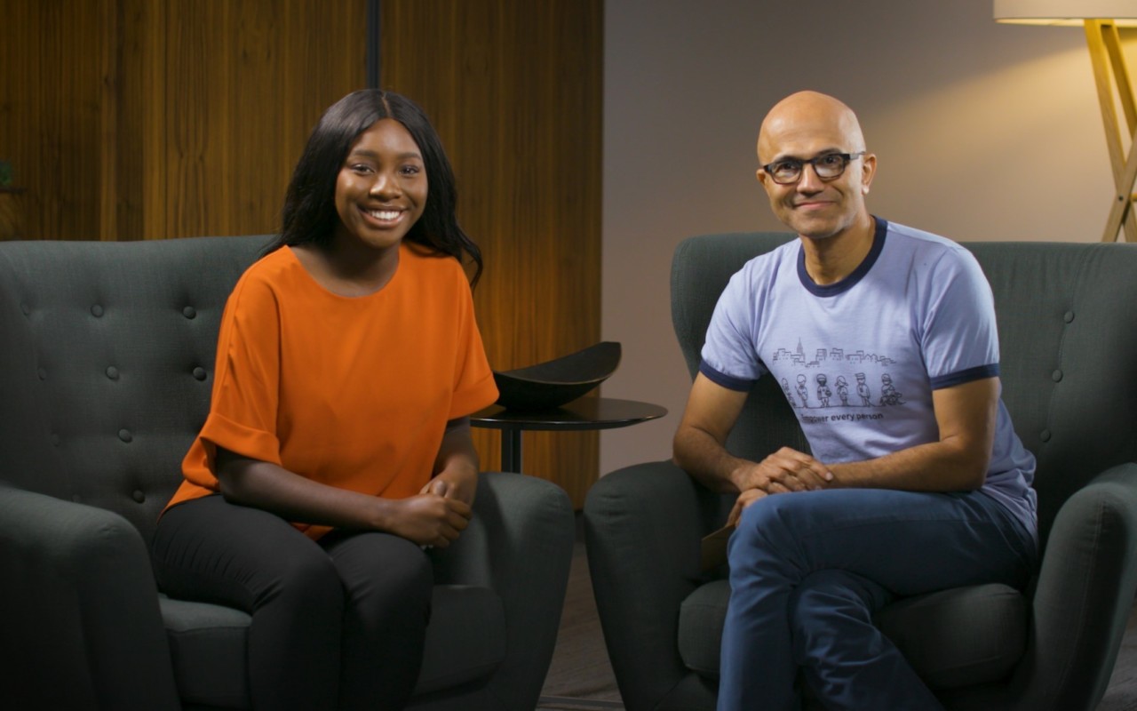 Dickinson College Scholar and Ubben Posse Fellow Amara Anigbo with her host Satya Nadella, CEO of Microsoft.