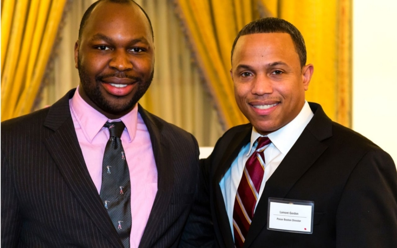 Bucknell Posse 3 Scholar Adedotun Odewale (left) with Posse Boston Director Lamont Gordon (right).