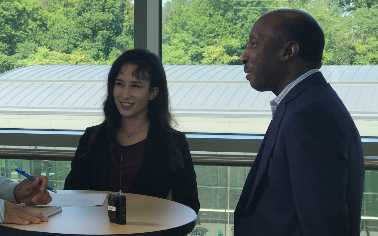 Davidson College Scholar and Ubben Posse Fellow Claudia Hernandez with her host Ken Frazier, chairman and CEO of Merck.