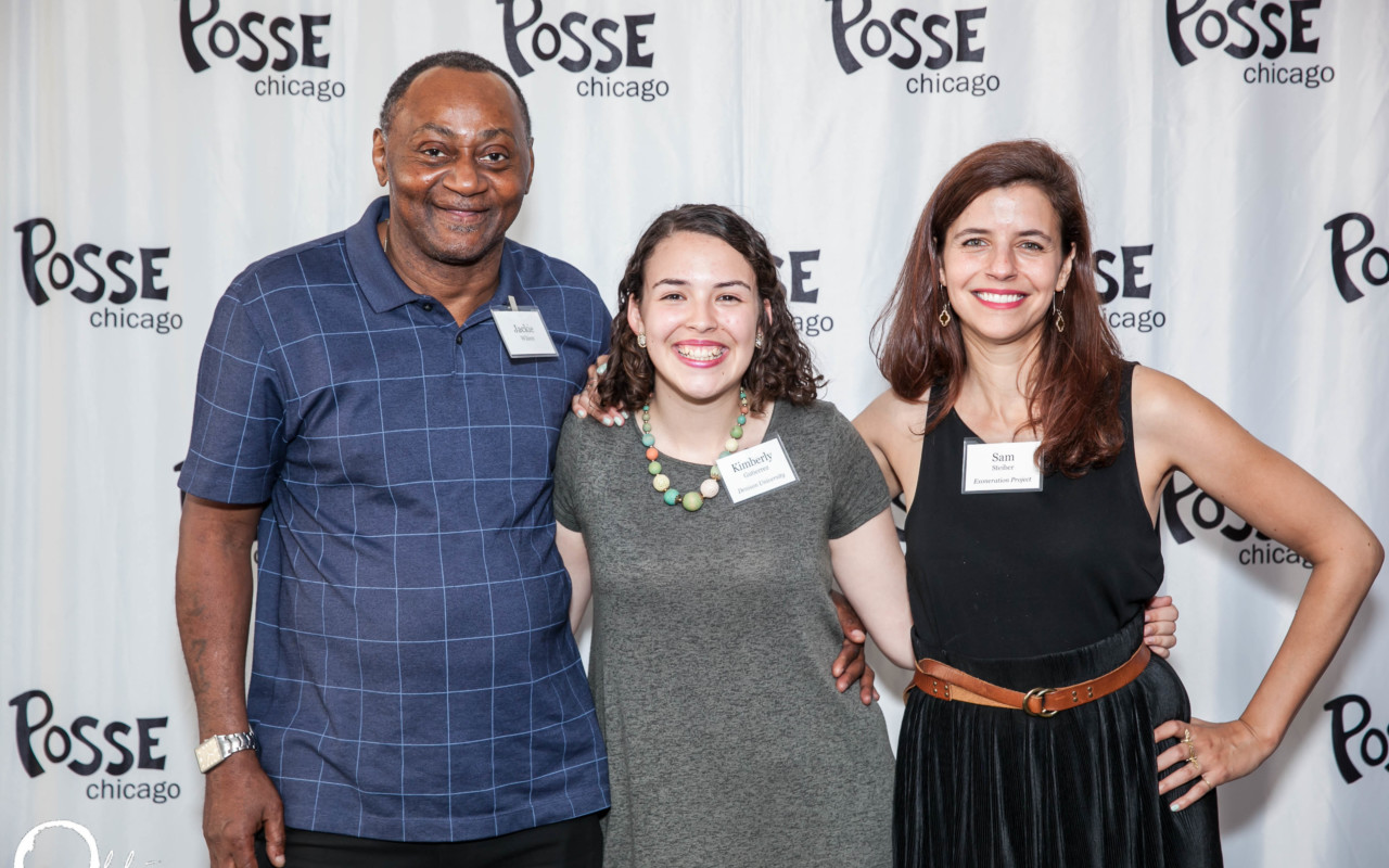 Posse Scholar Kimberly Gutierrez (center) pictured with Jackie Wilson (left) and Samantha Steiber (right) from the Exoneration Project.