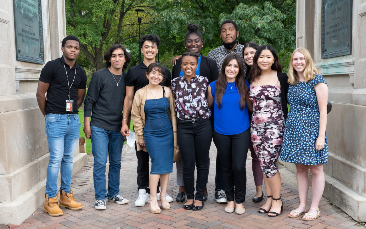 Oberlin's first-year Posse Scholars at last fall's visualization ceremony, with Posse mentor Anna Brandt (right).