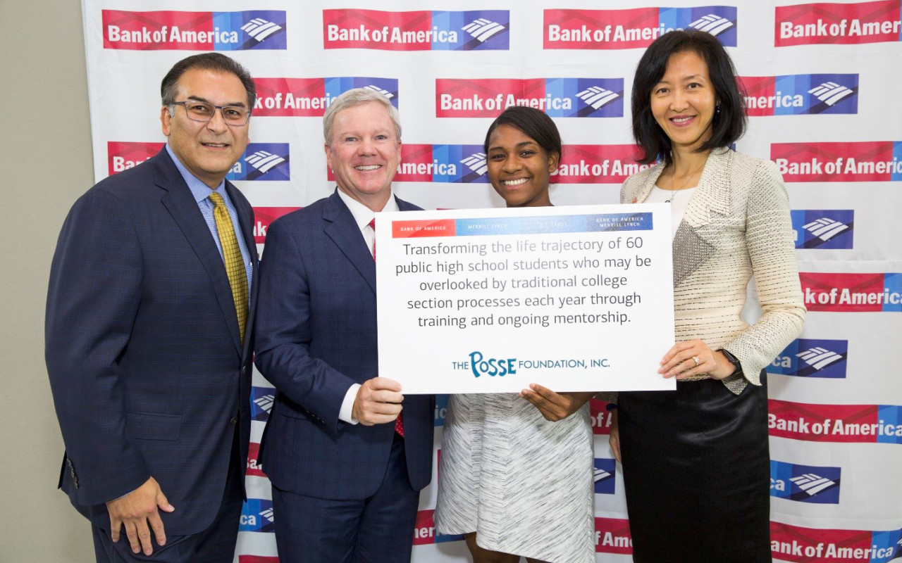 Bank of America's Rick Jaramillo, Brooks McGee and Hong Ogle with Posse alumna Jazmin Lesane (second from right).