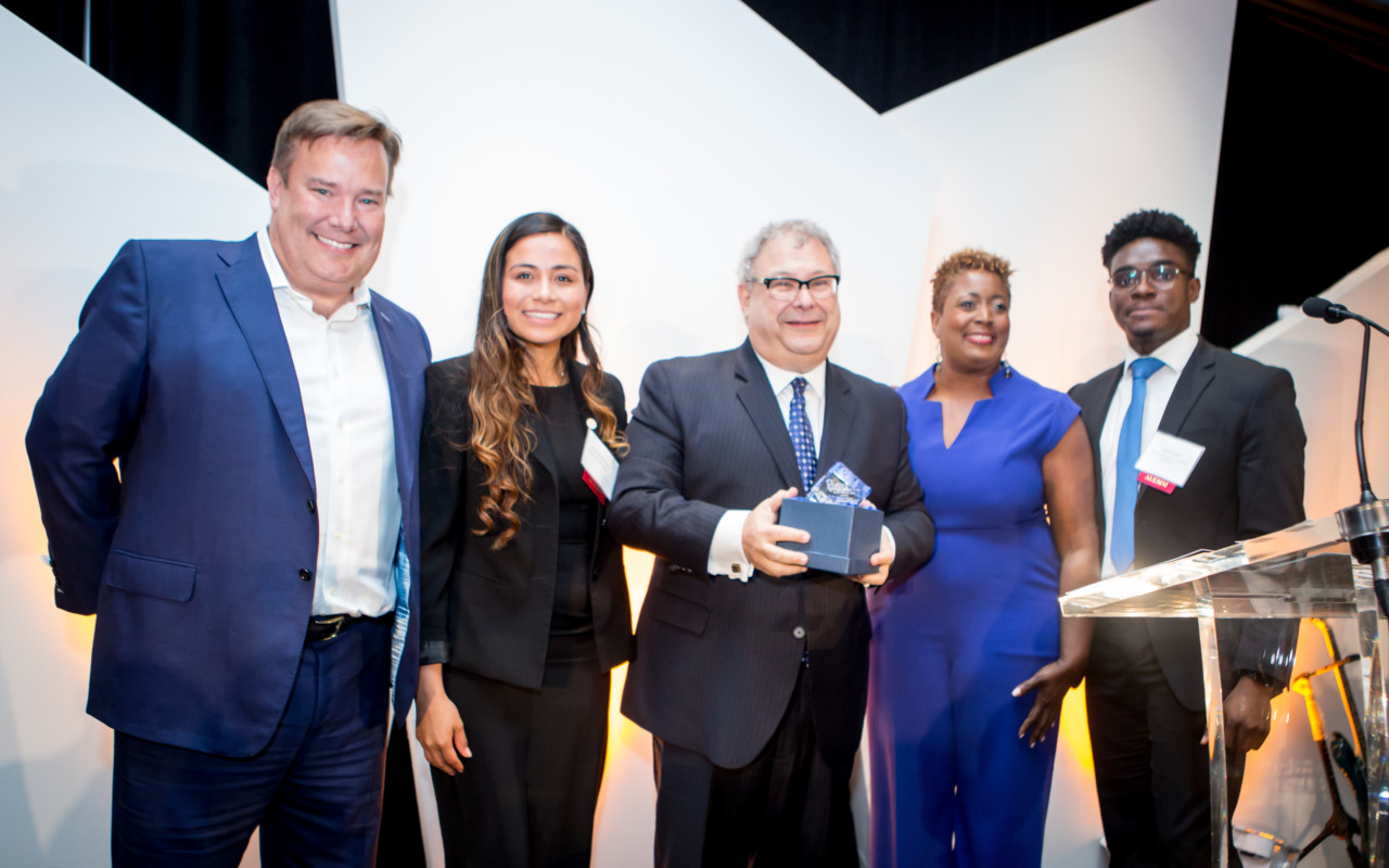 Pictured from left to right: Posse Atlanta Advisory Board Chair Jeff Abbott, Syracuse University Alumna Dulce Gallo Blanco, Atlanta Hawks CEO Steve Koonin, Posse Atlanta Director Zenith Houston, Texas A&M University Alumnus Joshua Lewis.