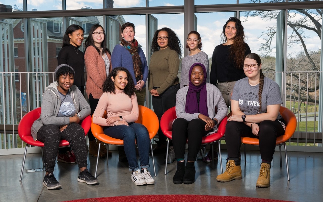 Front row: Elizabeth Boahen, Emely Tejada-Jaquez, Mariama Jaiteh, Alina Siminouk. Back row: Asha Reed-Jones, Tiffany Xiao, Denise McKahn (Smith College faculty mentor), Dana Ragoonanan, Leanna Troncoso, Gabrielle Valle.