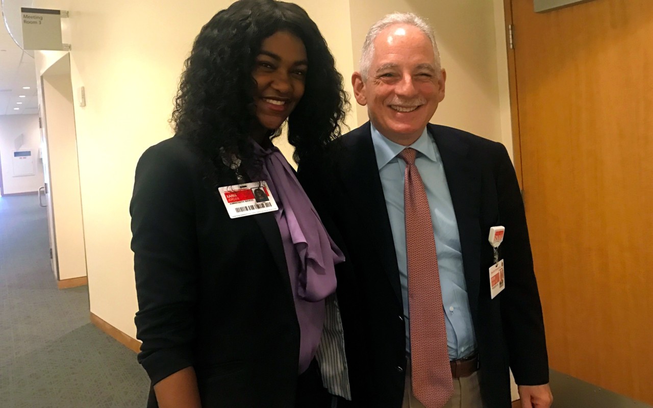 George Washington University Scholar and Ubben Posse Fellow Xaria Jordan with her host Steven Corwin, President and CEO of NewYork-Presbyterian.