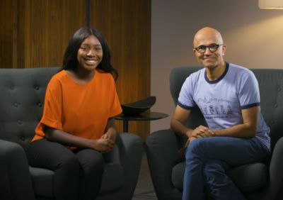 Dickinson College Scholar and Ubben Posse Fellow Amara Anigbo with her host Satya Nadella, CEO of Microsoft.