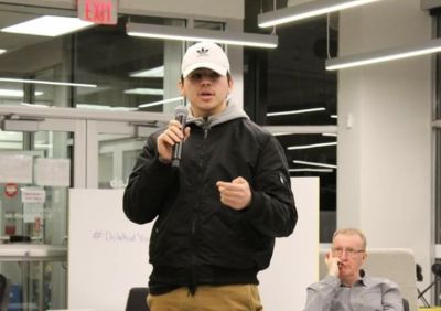 Boston U. freshman Juan Gallegos presents his app Maeven for the New Venture Competition
