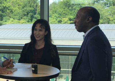 Davidson College Scholar and Ubben Posse Fellow Claudia Hernandez with her host Ken Frazier, chairman and CEO of Merck.