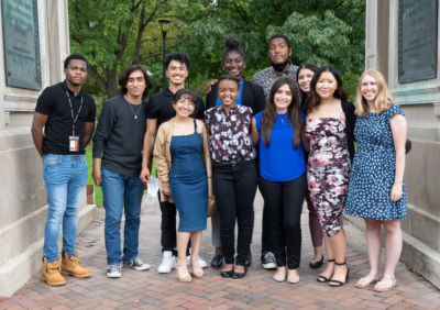 Oberlin's first-year Posse Scholars at last fall's visualization ceremony, with Posse mentor Anna Brandt (right).