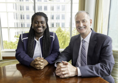 Left to right: 2021 Jeff Ubben Posse Fellow Nathalie Boadi; Ann & Robert H. Lurie Children’s Hospital of Chicago CEO Dr. Tom Shanley.