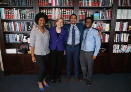 Senator Elizabeth Warren with Posse Scholar interns Tanisha DeLeon, Luis Morales and Uriel Girma. Senator Warren's office is a Posse Career Program partner.