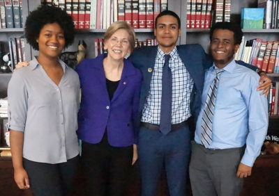 Senator Elizabeth Warren with Posse Scholar interns Tanisha DeLeon, Luis Morales and Uriel Girma. Senator Warren's office is a Posse Career Program partner.